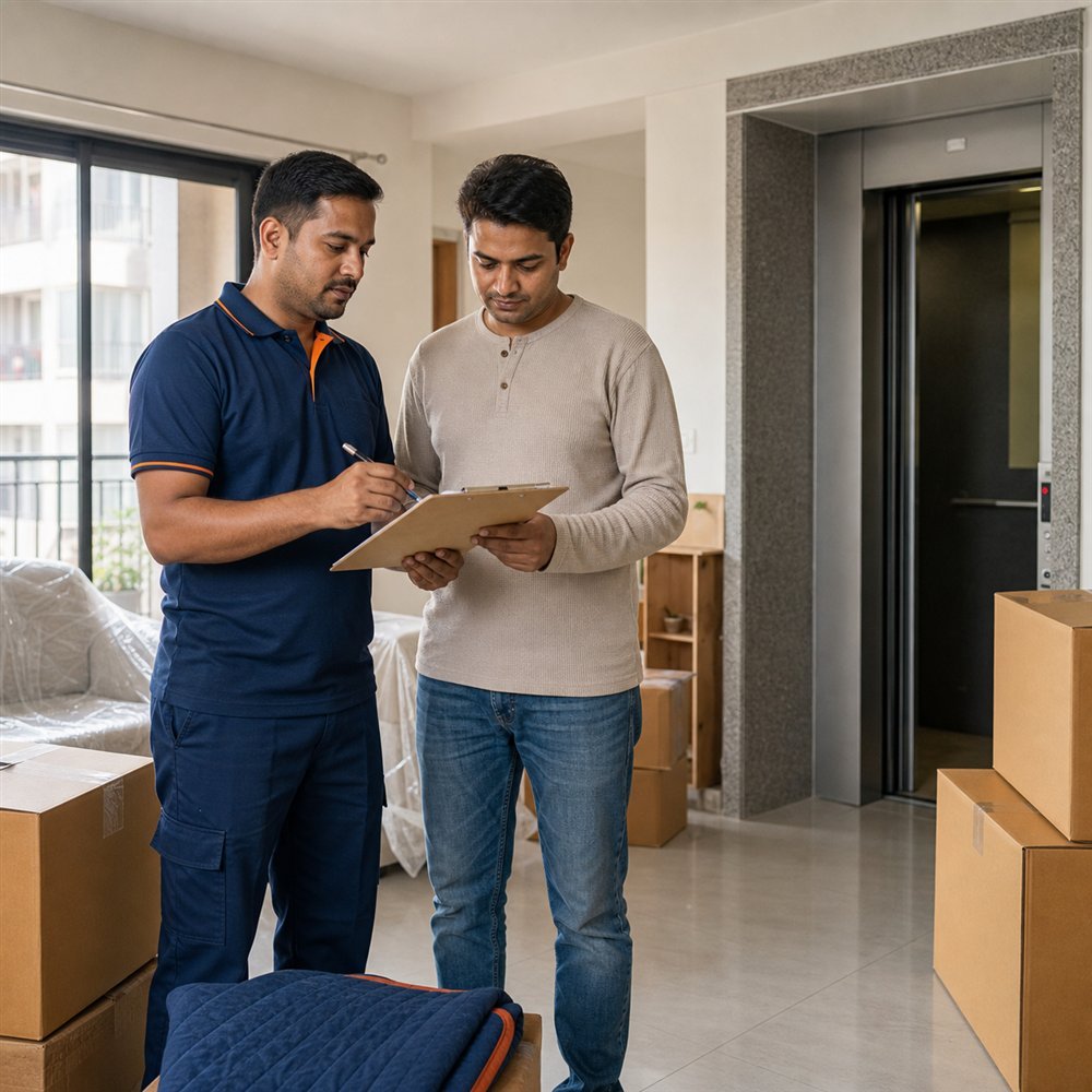 Moving professional reviewing an inventory checklist with a customer beside an apartment lift