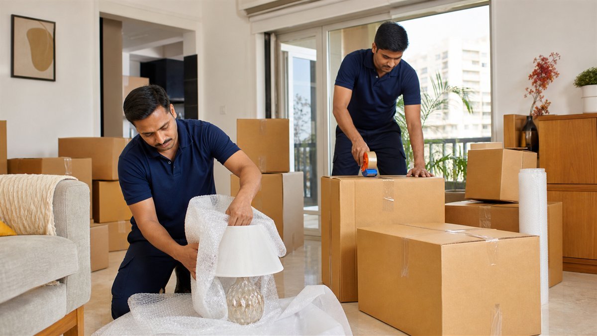 Movers wrapping a table lamp and sealing household cartons